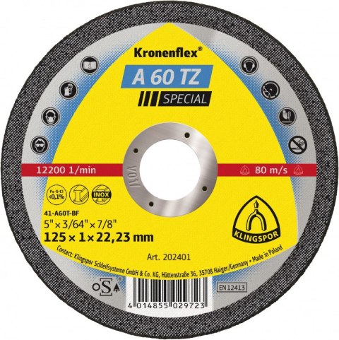 TARCZA PŁASKA A60TZ T1A 125*1.0*22 202401 TARCZA PŁASKA A60TZ T1A 125*1.0*22 202401