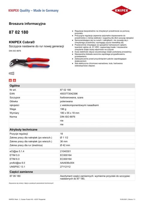 SZCZYPCE DO RUR COBRA 180MM SZCZYPCE DO RUR COBRA 180MM