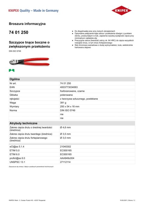 SZCZYPCE TNĄCE BOCZNE O ZWIĘKSZONYM PRZEŁOŻENIU 250MM SZCZYPCE TNĄCE BOCZNE O ZWIĘKSZONYM PRZEŁOŻENIU 250MM