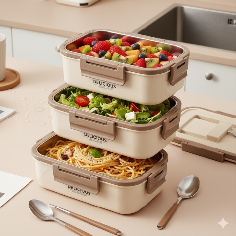 Lunchbox Termiczny 3-Poziomowy + Sztućce | Pojemnik Obiadowy Stal SUS304 | Delicious Style