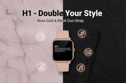 Smartwatch H1 Duo-Strap – Jeden zegarek, dwa style (Rose Gold & Black).