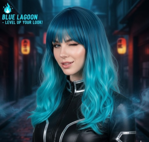 Bądź Syreną/Elfką/Gamerką! Peruka Midi Ombre – Niebieska Fala z Grzywką