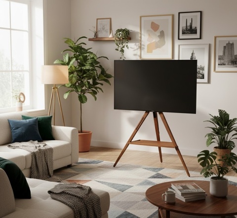 Designerski Stojak TV na drewnianym trójnogu – Loftowy styl!