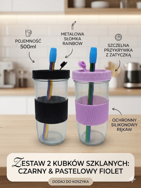 Designerski Zestaw 2 Kubków Szklanych z Tęczową Słomką – Twoje ulubione napoje w wersji Premium