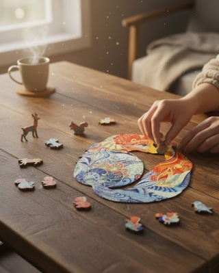 Drewniane Puzzle Premium – Kolorowy Lis Artystyczny | Unikalne Kształty | Prezent dla Dorosłych i Dzieci