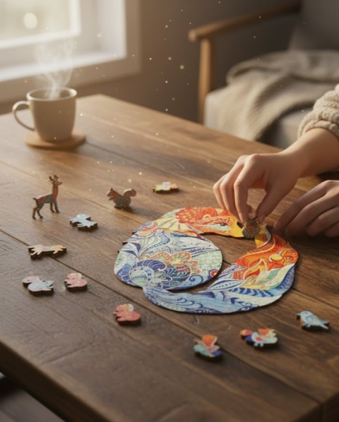 Drewniane Puzzle Premium – Kolorowy Lis Artystyczny | Unikalne Kształty | Prezent dla Dorosłych i Dzieci