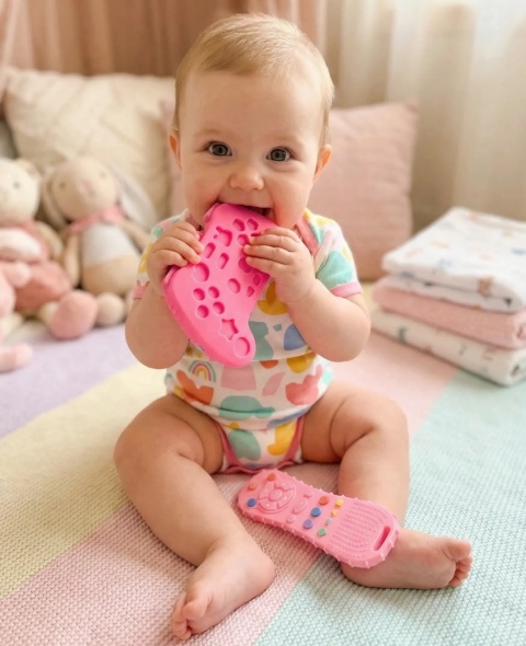 Gryzak Silikonowy Zestaw Pilot + Pad | Dla Niemowląt | Ząbkowanie | Różowy