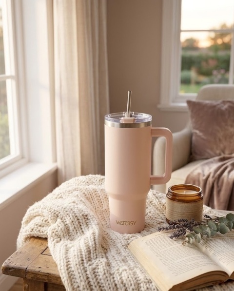 Kubek Termiczny Watersy 1,2L z Uchwytem i Słomką – Pudrowy Róż