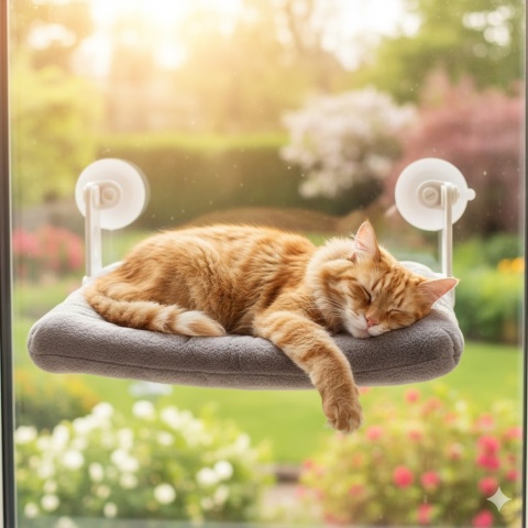 Puszysty Hamak Okienny dla Kota na Przyssawki | Legowisko VIP "Królewski Widok"