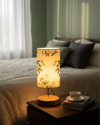 Stylowa Lampka Nocna z Drewnianą Podstawą – Kwiatowy Motyw, NOWA!