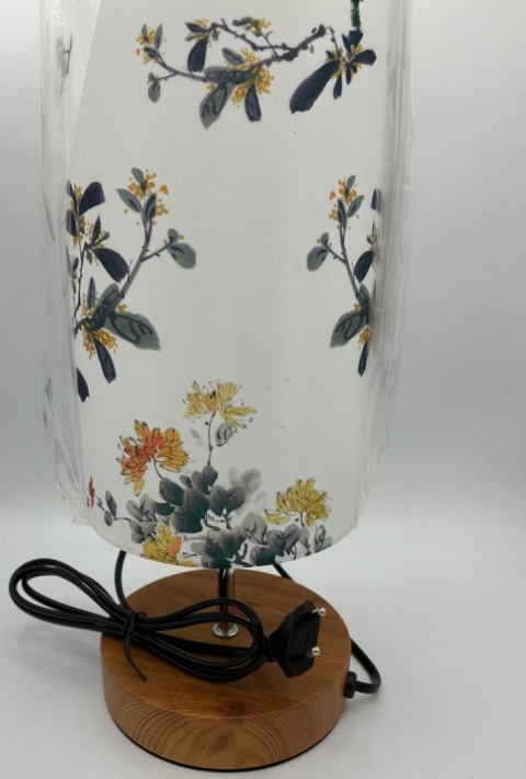 Stylowa Lampka Nocna z Drewnianą Podstawą – Kwiatowy Motyw, NOWA!