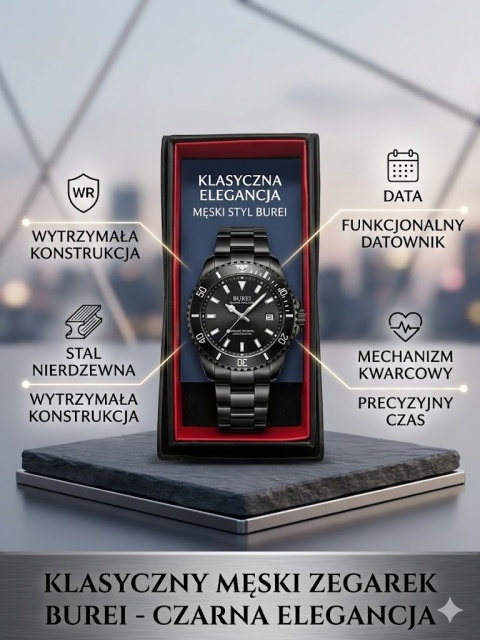 Zegarek Męski BUREI – Czarna Elegancja, Która Nie Wychodzi z Mody