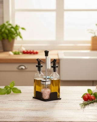 Zestaw Dozowników 4w1: Oliwa, Ocet, Przyprawy Sypkie + Stojak