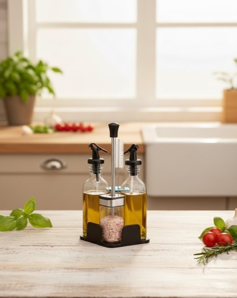 Zestaw Dozowników 4w1: Oliwa, Ocet, Przyprawy Sypkie + Stojak